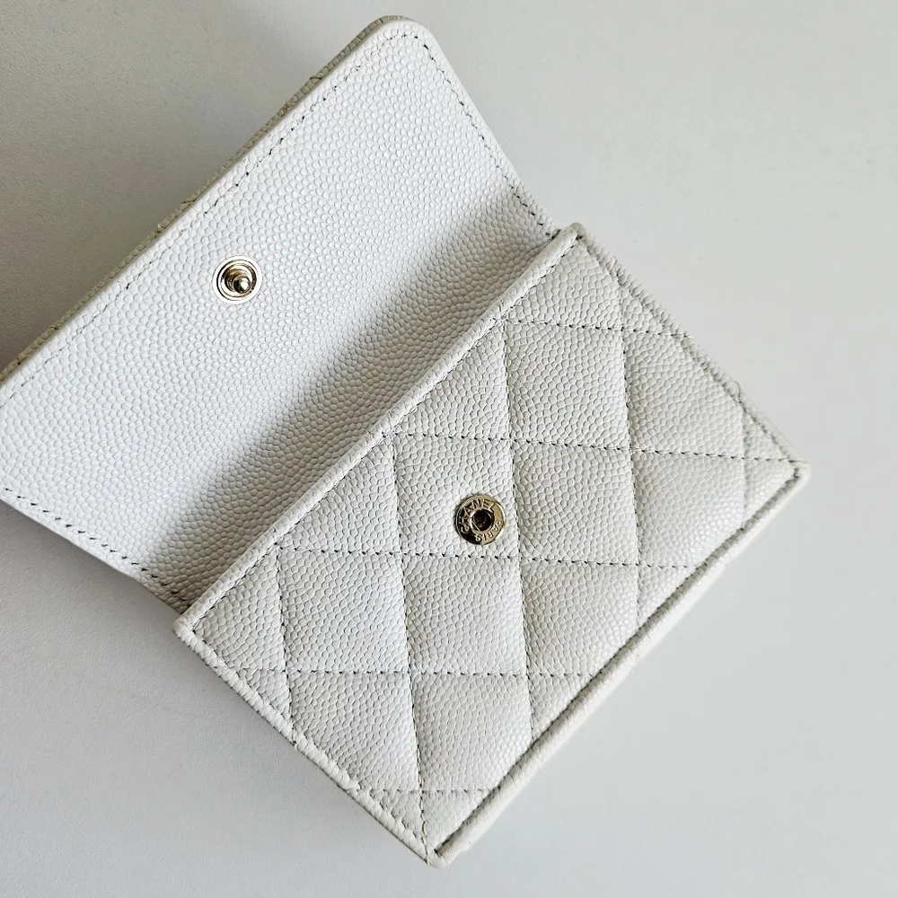 Chanel White Compact Tri-fold Caviar Leather Wallet With Pink Interior